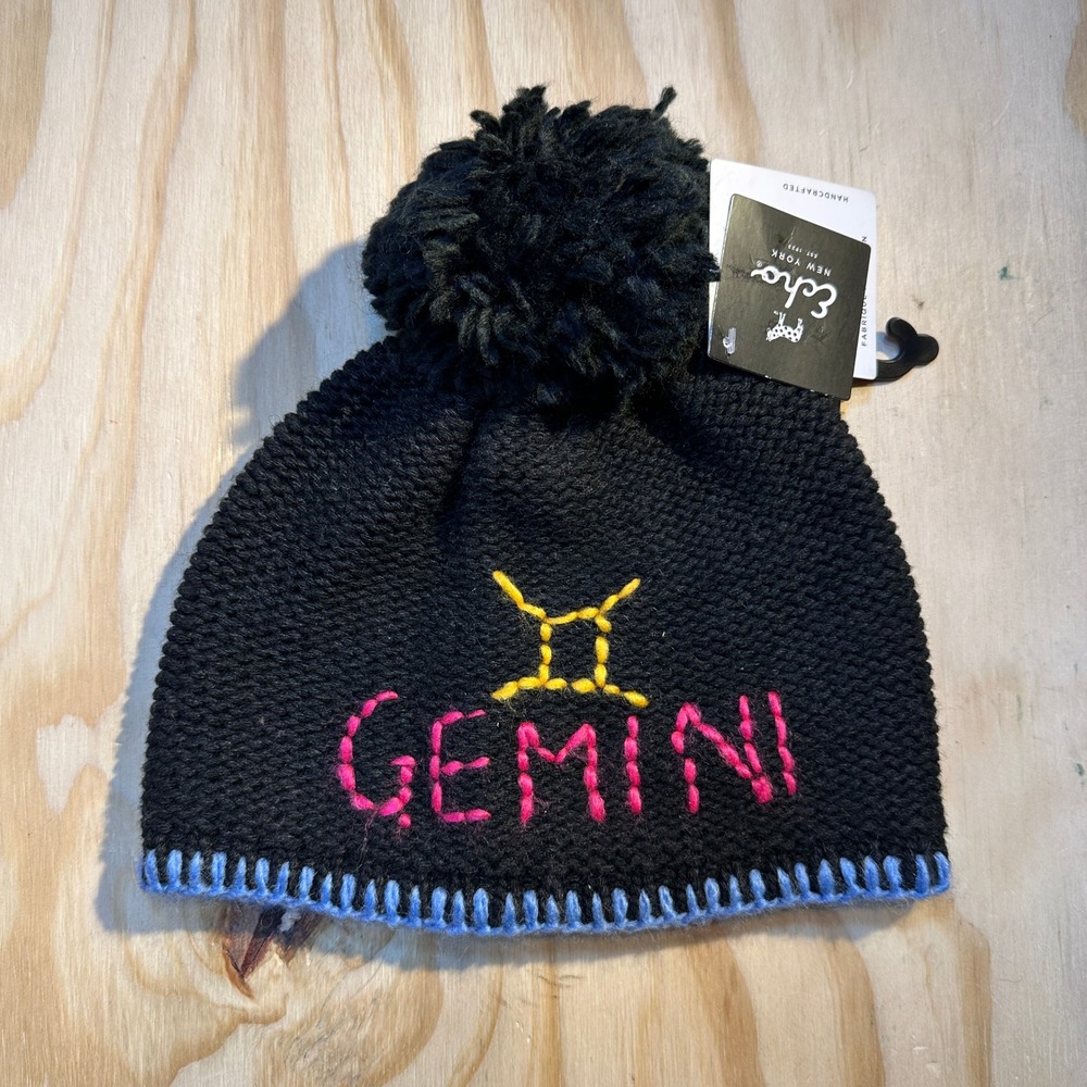Echo Design Women Gemini Horoscope Beanie Black Knit Pom Pom Hat EC0756 NEW